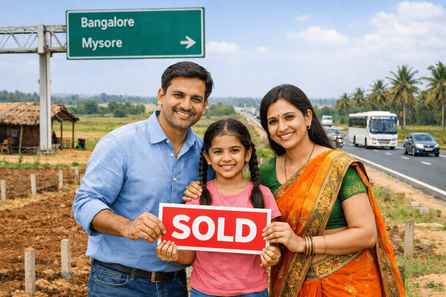 Happy family with land on Bangalore Mysore Highway